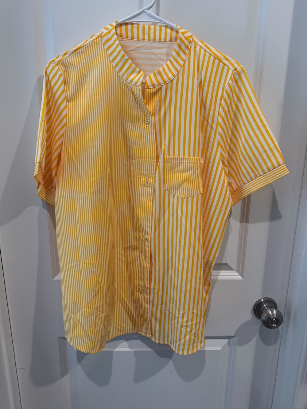 SHEIN Yellow and White Striped Short-Sleeve Button-Down Shirt Size XL